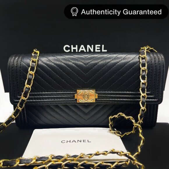 Authentic CHANEL Boy CC Chevron Flap Caviar Wallet Chain Shoulder Crossbody